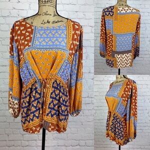 Forever21 Crinkly Patchwork Boho Front Tie Top